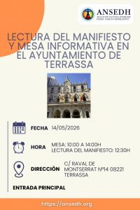 FECHA 14/05/2026 HORA MESA: 10:00 A 14:00H LECTURA DEL MANIFIESTO: 12:30? DIRECCIÓN C/ RAVAL DE MONTSERRAT Nº14 08221 TERRASSA ENTRADA PRINCIPAL
