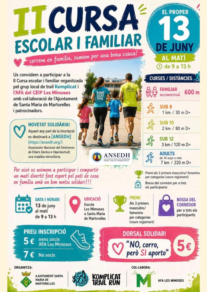 IICURSAB ESCOLAR I FAMILIAR
correm en família, sumem per una bona causa!
Us convidem a participar a la II Cursa escolar i familiar organitzada pel grup local de trail Komplicat i L'AFA del CEIP Les Mimoses amb col-laboració de l'Ajuntament de Santa Maria de Martorelles i patrocinadors.
NOVETAT SOLIDÀRIA!
Aquest any part de la inscripció es destinarà a [ANSEDH] (https://ansedh.org/) (Asociación Nacional del Sindromes de Ehlers Danlos e Hiperlaxitud) una malaltia minoritària.
KOMP LICAT TRAIL
Per això us animem a participar i compartir un matí divertit fent esport pel pati de casa en família amb un bon motiu solidari!!!
DATA I HORARI
13 de juny al matíde 9 a 13 h
UBICACIÓ
Escola Les Mimoses a Santa Maria de Martorelles
ANSEDH
PREU INSCRIPCIÓ
5€
nens socis AFA Les Mimoses
7 € No socis
ORGANITZA:
AJUNTAMENT SANTA MARIA DE MARTORELLES
EL PROPER
DE JUNY
AL MAT?
de 9 a 13 h
CURSES / DISTANCIES
FAMILIAR NO COMPETITIVA
600 m
SUB 8
1 km / 30 m D+
SUB 10
2 km/80 m D+
SUB 12
3 km/120 m D+
ADULTS
de 16 anys o més. 7 km/220 m D+
Premi als 3 primers masculins/ femenins per categories (veure reglament)
Bossa del corredor per a tots els participants
PREMI
Als 3 primers masculins/femenins per categories (veure reglament)
BOSSA DEL CORREDOR
per a tots els participants
DORSAL SOLIDARI
"NO, corro, però SI aporto"
5€
COL-LABORA:
M
AFA LES MIMOSES
KOMPLICAT TRAIL RUN