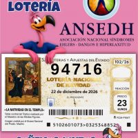 Tenemos LOTERÍA ANSEDH ASOCIACIÓN NACIONAL SÍNDROMES EHLERS - DANLOS E HIPERLAXITUD S. OTERÍAS Y APUESTAS DEL ESTADO 94716 LOTERÍA NACIONA DE NAVIDAD 22 de diciembre de 2026 EL PRESIDENTE 102/26 FRACCIÓN PRECIO 23 EUROS 0325348852 SOÑEMOS JUNTOS LOTERIAS PEROLO.ES 968 18 75 88 CALLE GABRIEL CAÑADAS 17, SAN PEDRO DEL PINATAR